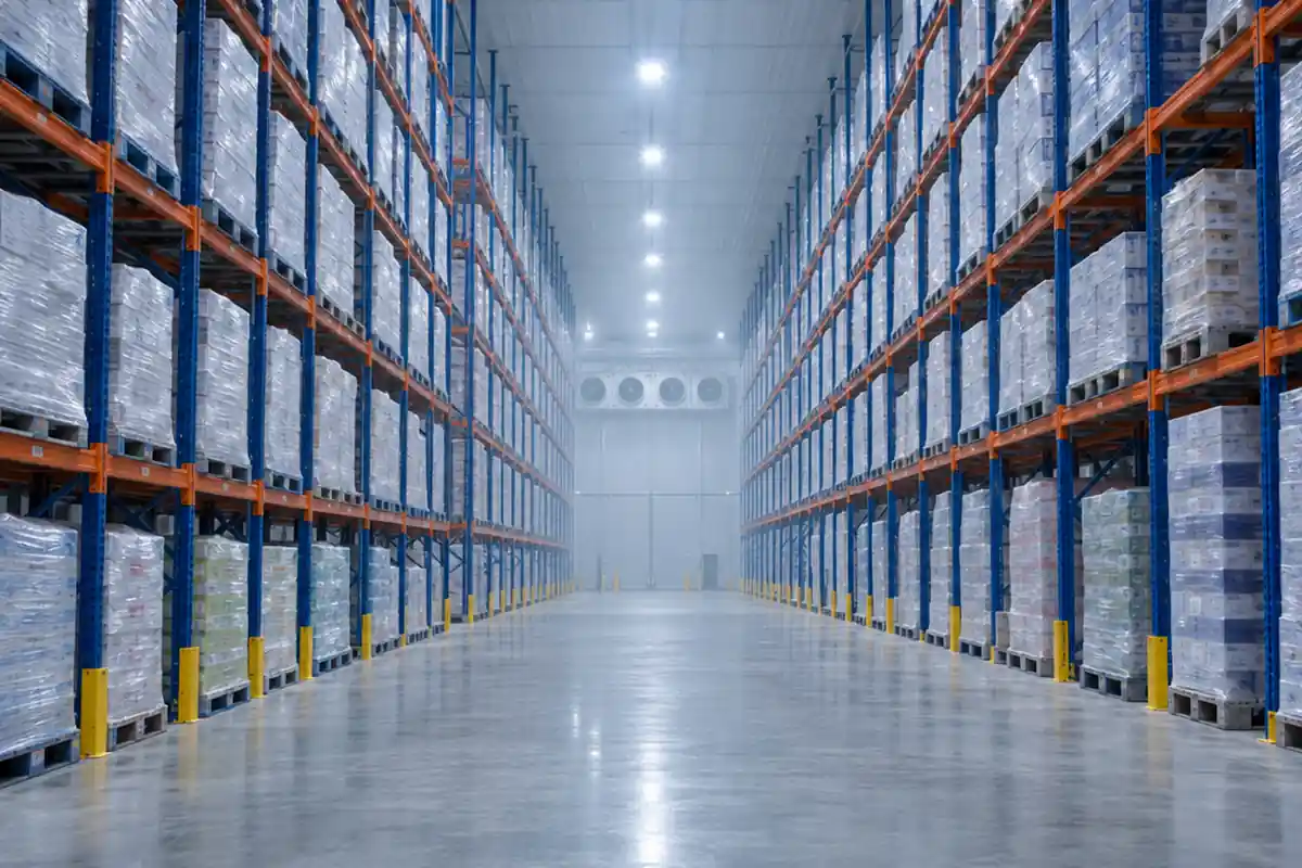 Cold storage warehouse interior with tall pallet racking (illustration)